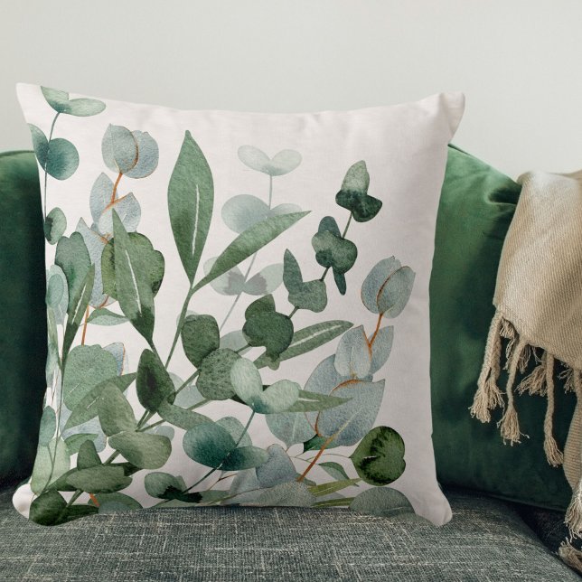 Watercolor Green Foliage Greenery Leaves Cushion (In situ)