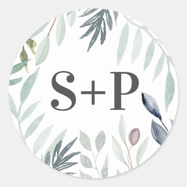 Watercolor Green Foliage Initial wedding stickers (Front)