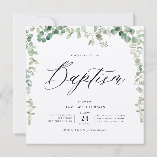 watercolor green foliage kraft baptism invitation (Front)