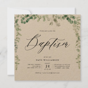 watercolor green foliage kraft baptism invitation