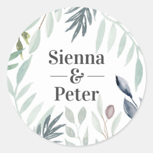 Watercolor Green Foliage name wedding stickers