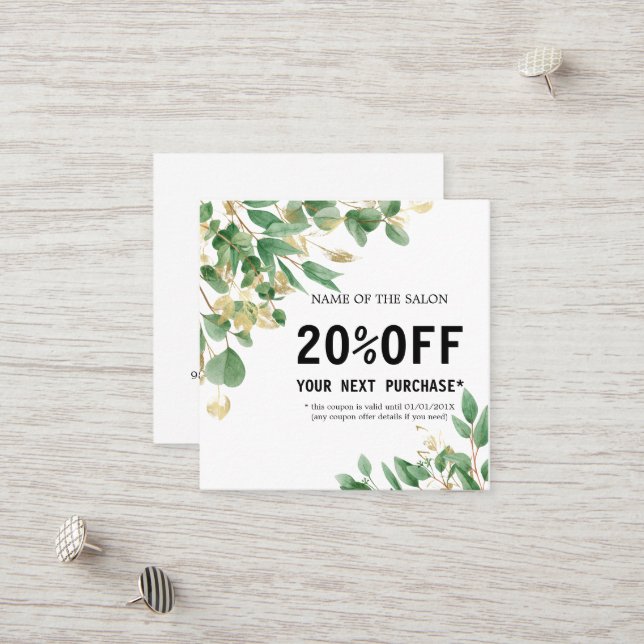 Watercolor Green Foliage Salon  Discount Card (Front/Back In Situ)