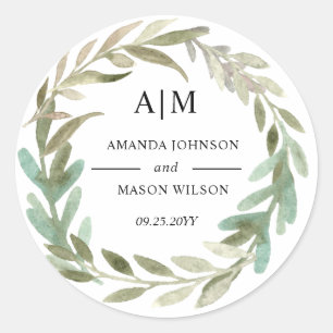 Watercolor Green Foliage Wedding Monogram Sticker