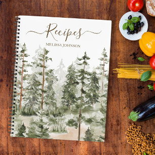 Watercolor Green Forest Cookbook Recipe Notebook