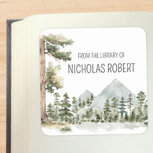 Watercolor Green Forest From the Library Bookplate Square Sticker