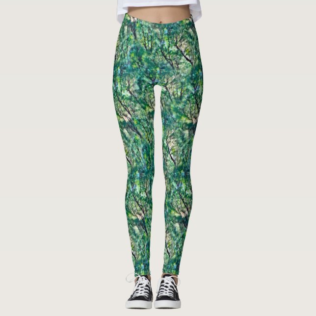 Watercolor Green Forest Pattern Leggings (Front)