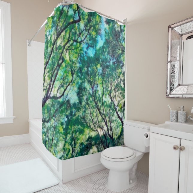 Watercolor Green Forest Shower Curtain (In Situ)