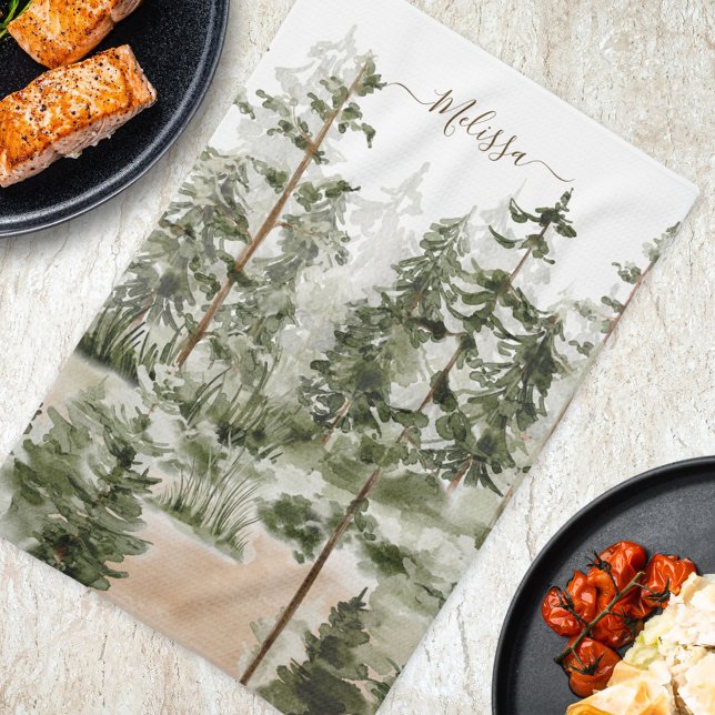 Watercolor Green Forest Tea Towel (In situ Kitchen Table)