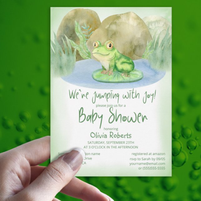 Watercolor Green Frog on Lily Pad Baby Shower Invitation (Creator Uploaded)