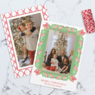 Watercolor Green Garland & Red Bow Christmas Photo Holiday Card