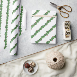 Watercolor Green Garland with Berries Christmas Wrapping Paper
