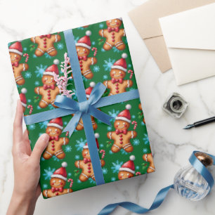Watercolor Green Gingerbread Man Snowflake Pattern Wrapping Paper