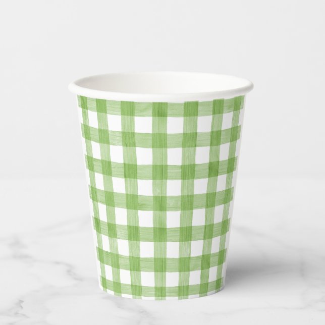 Watercolor Green Gingham Baby Shower  Paper Cups (Front)
