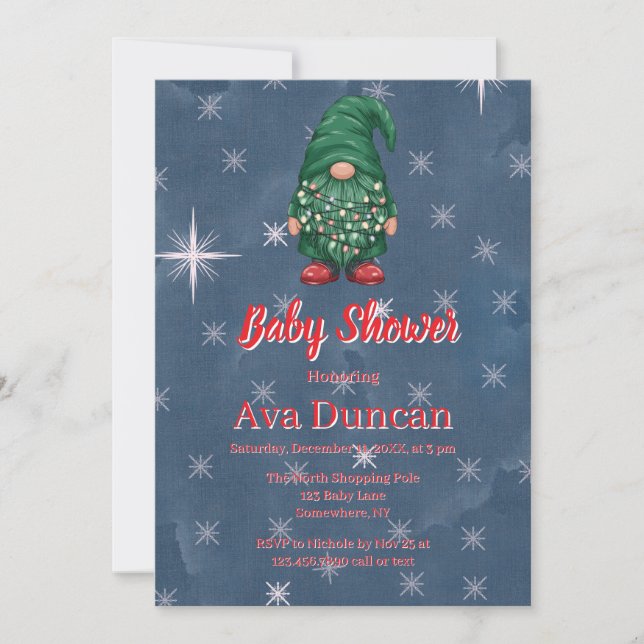 Watercolor Green Gnome Christmas Baby Shower Invitation (Front)