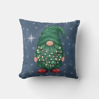 Watercolor Green Gnome Christmas Lights Cushion