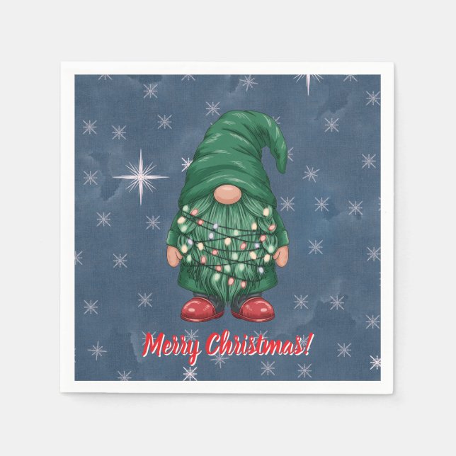 Watercolor Green Gnome Christmas Lights Napkin (Front)