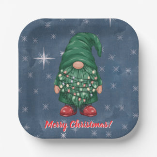Watercolor Green Gnome Christmas Lights Paper Plate