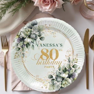 Watercolor Green Gold Botanical 80th Birthday  Paper Plate