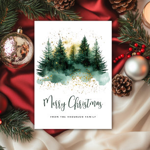 Watercolor Green Gold Christmas Forest Holiday Card