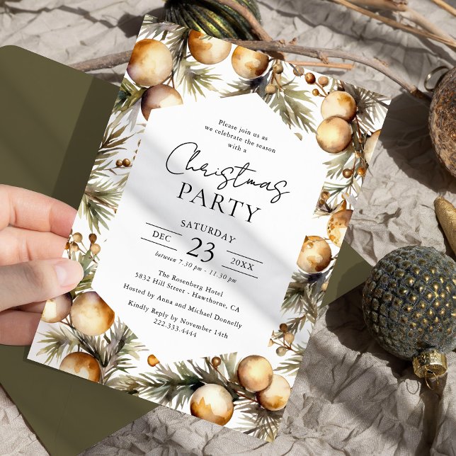 Watercolor Green & Gold Christmas Holiday Party Invitation (Creator Uploaded)