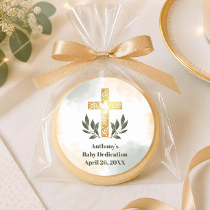 Watercolor Green Gold Cross Baby Dedication Classic Round Sticker