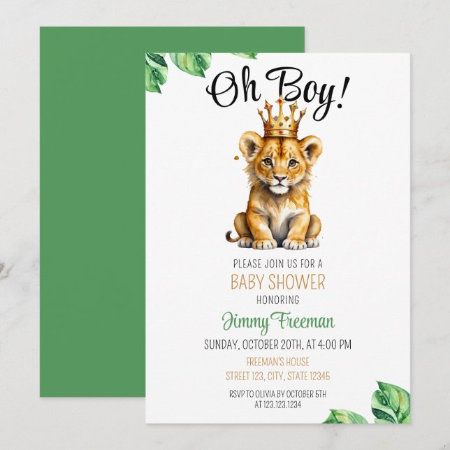 Watercolor Green & Gold Cute Lion Baby Shower Invitation (Front/Back)