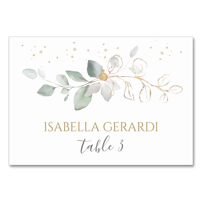 Watercolor green & gold foliage place card (Front)