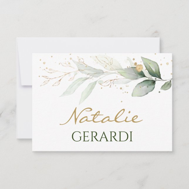 Watercolor green & gold foliage Place card (Front)