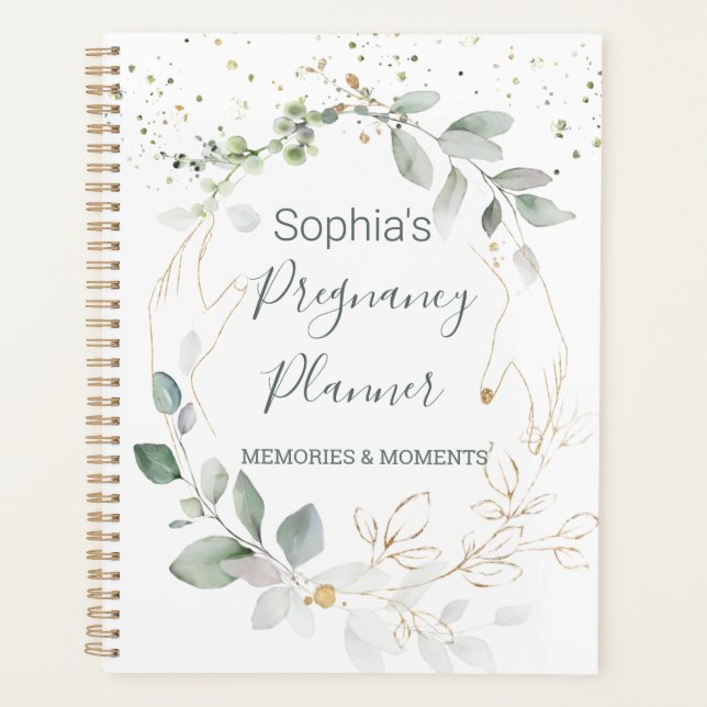 Watercolor Green Gold Foliage Pregnancy Planner (Front)