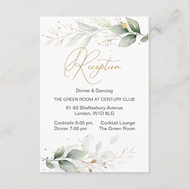 Watercolor green & gold foliage Reception Enclosure Card (Front)