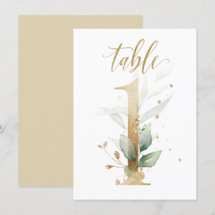 Watercolor Green & Gold Foliage, Table Number 1