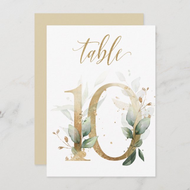 Watercolor Green & Gold Foliage, Table Number 10 (Front/Back)