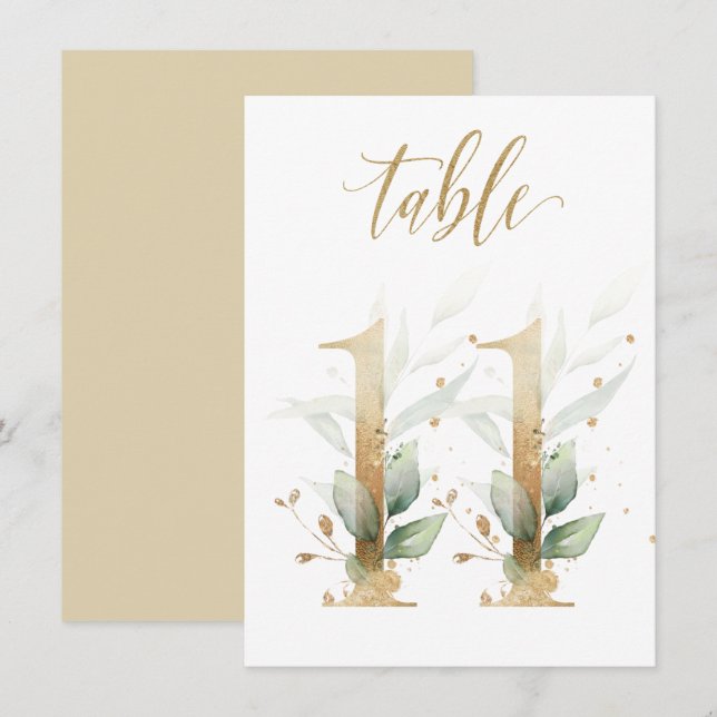 Watercolor Green & Gold Foliage, Table Number 11 (Front/Back)