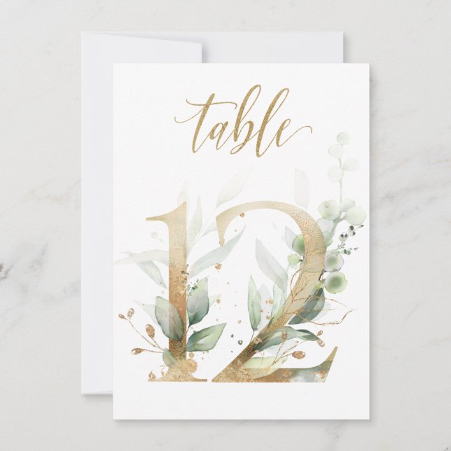 Watercolor Green & Gold Foliage, Table Number 12 (Back)