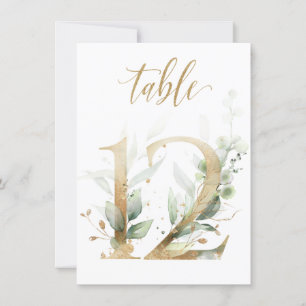 Watercolor Green & Gold Foliage, Table Number 12