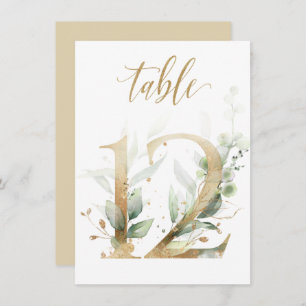 Watercolor Green & Gold Foliage, Table Number 12