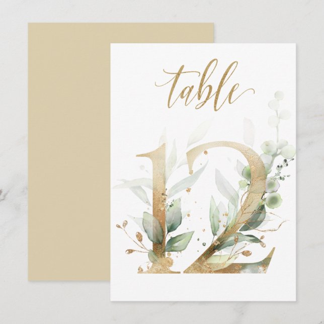 Watercolor Green & Gold Foliage, Table Number 12 (Front/Back)