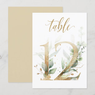 Watercolor Green & Gold Foliage, Table Number 12