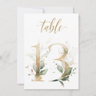 Watercolor Green & Gold Foliage, Table Number 13