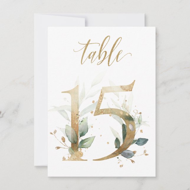 Watercolor Green & Gold Foliage, Table Number 15 (Front)