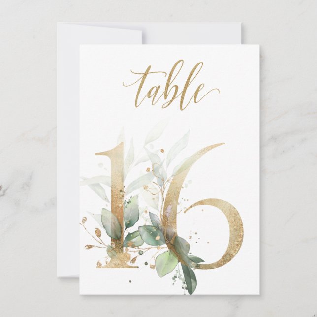 Watercolor Green & Gold Foliage, Table Number 16 (Front)