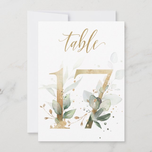Watercolor Green & Gold Foliage, Table Number 17 (Front)
