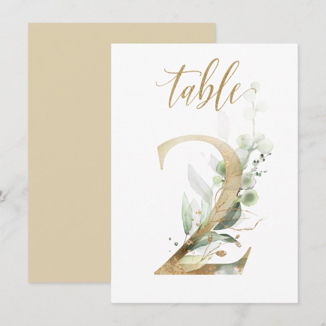 Watercolor Green & Gold Foliage, Table Number 2 (Front/Back)