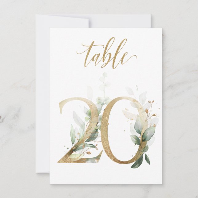 Watercolor Green & Gold Foliage, Table Number 20 (Front)