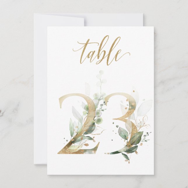 Watercolor Green & Gold Foliage, Table Number 23 (Front)