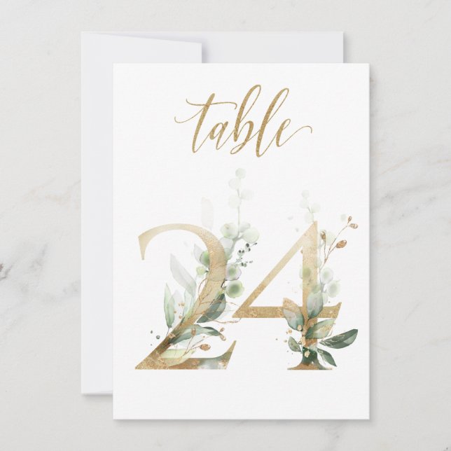 Watercolor Green & Gold Foliage, Table Number 24 (Front)