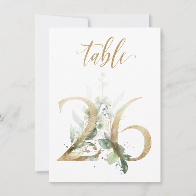 Watercolor Green & Gold Foliage, Table Number 26 (Front)