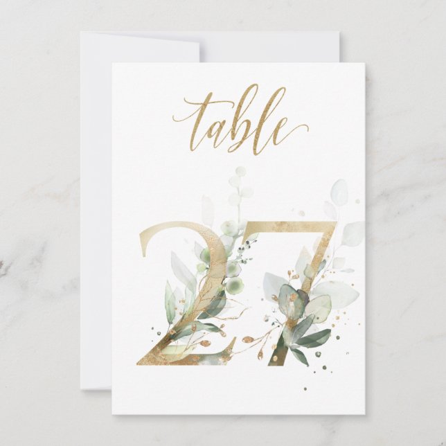 Watercolor Green & Gold Foliage, Table Number 27 (Front)