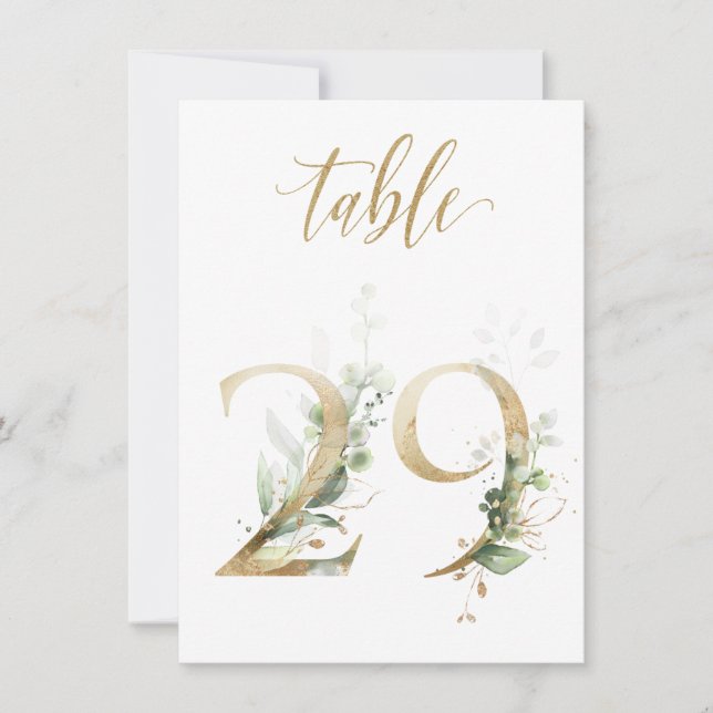 Watercolor Green & Gold Foliage, Table Number 29 (Front)