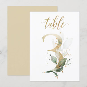 Watercolor Green & Gold Foliage, Table Number 3